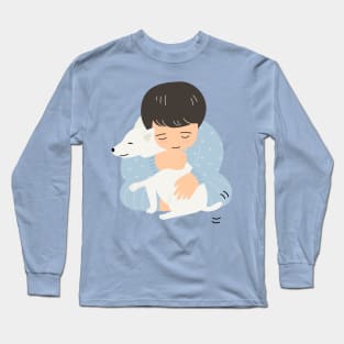 Adorable boy hugging lovely puppy cartoon kawaii style. Long Sleeve T-Shirt